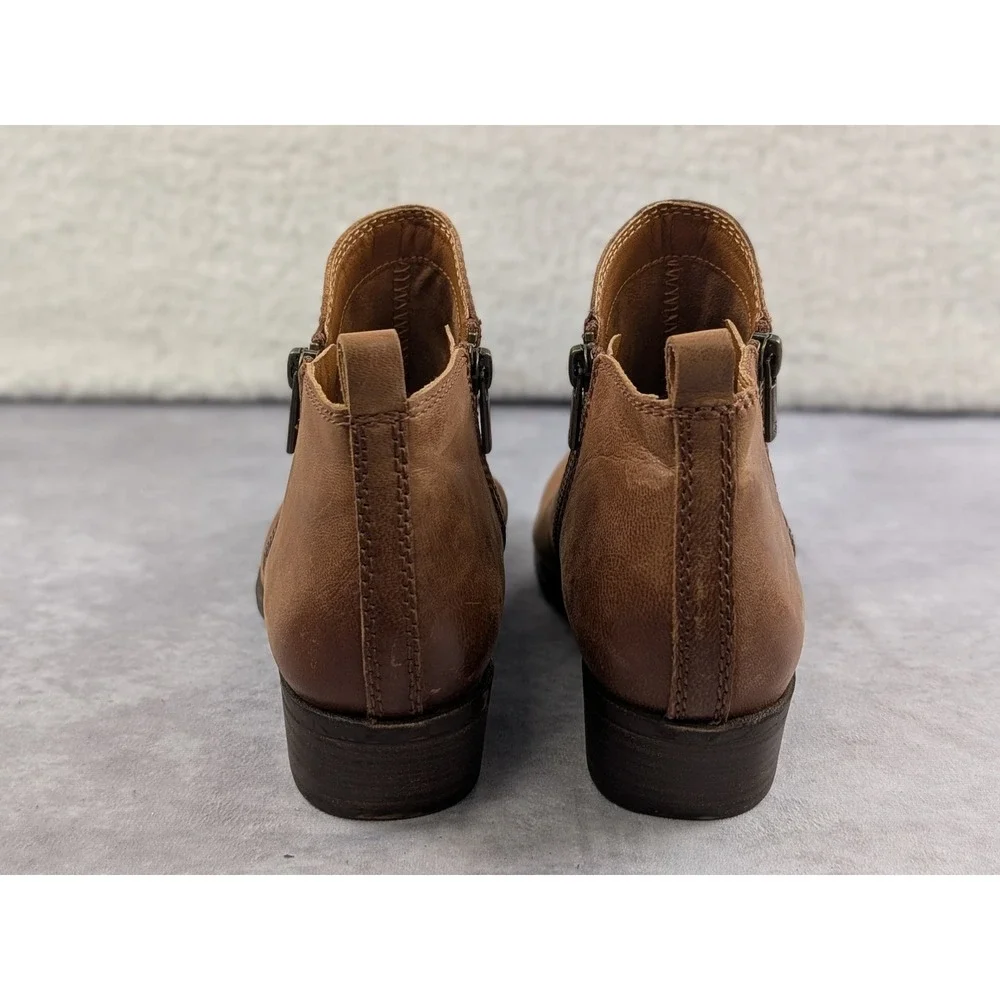 Lucky Brand Basel Tan Leather Ankle Booties Womens 8W Round Toe Low Block Heel